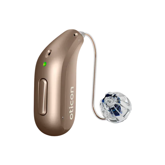 Oticon_Intent_miniRITE_H1-2024_Left_C094Terracotta_LEDgreen_Speaker60_OpenBassDome_1200x1200px_Originalfile